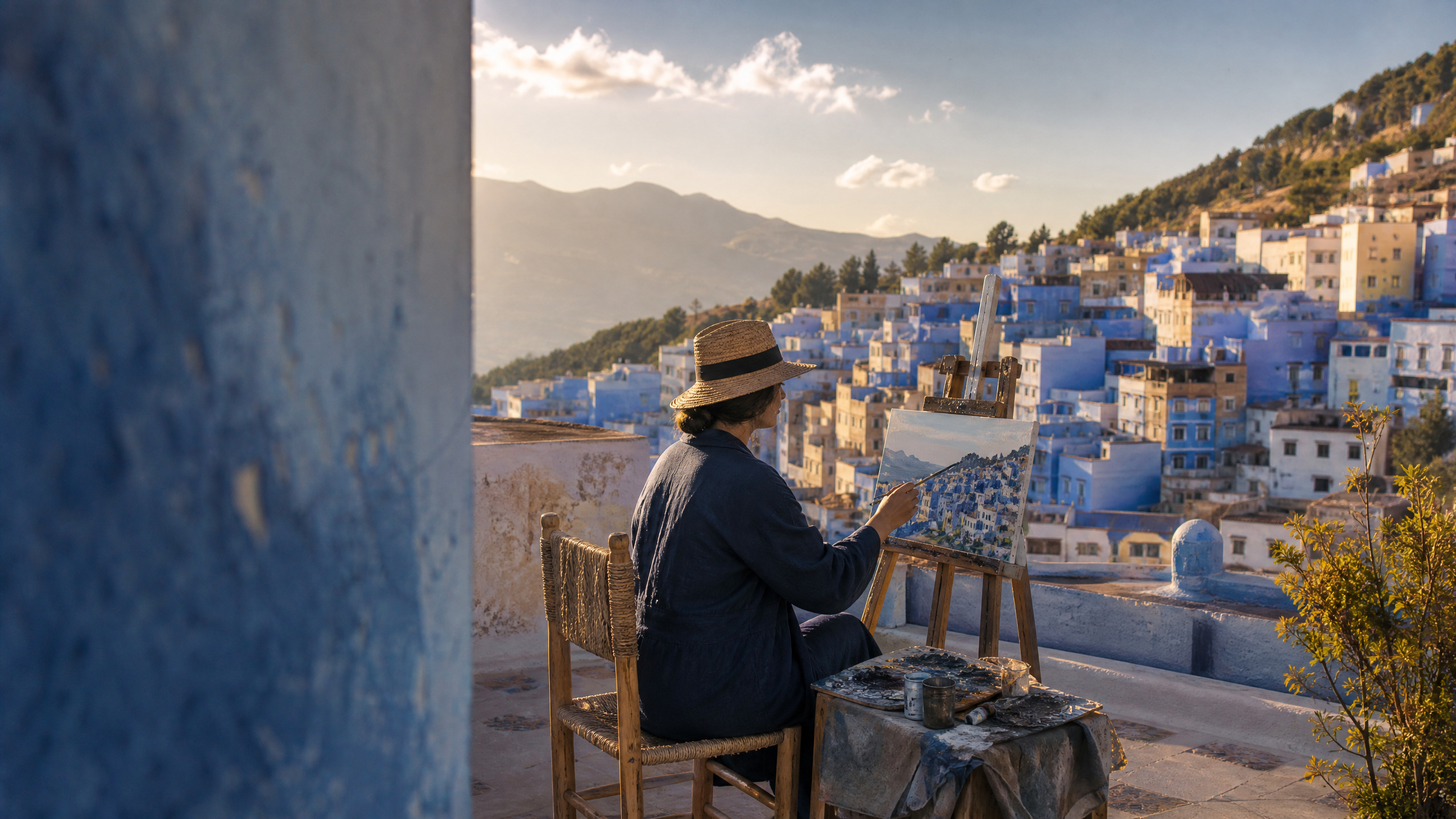 Artist painting on a sunlit riad terrace overlooking Chefchaouen, Northern Morocco